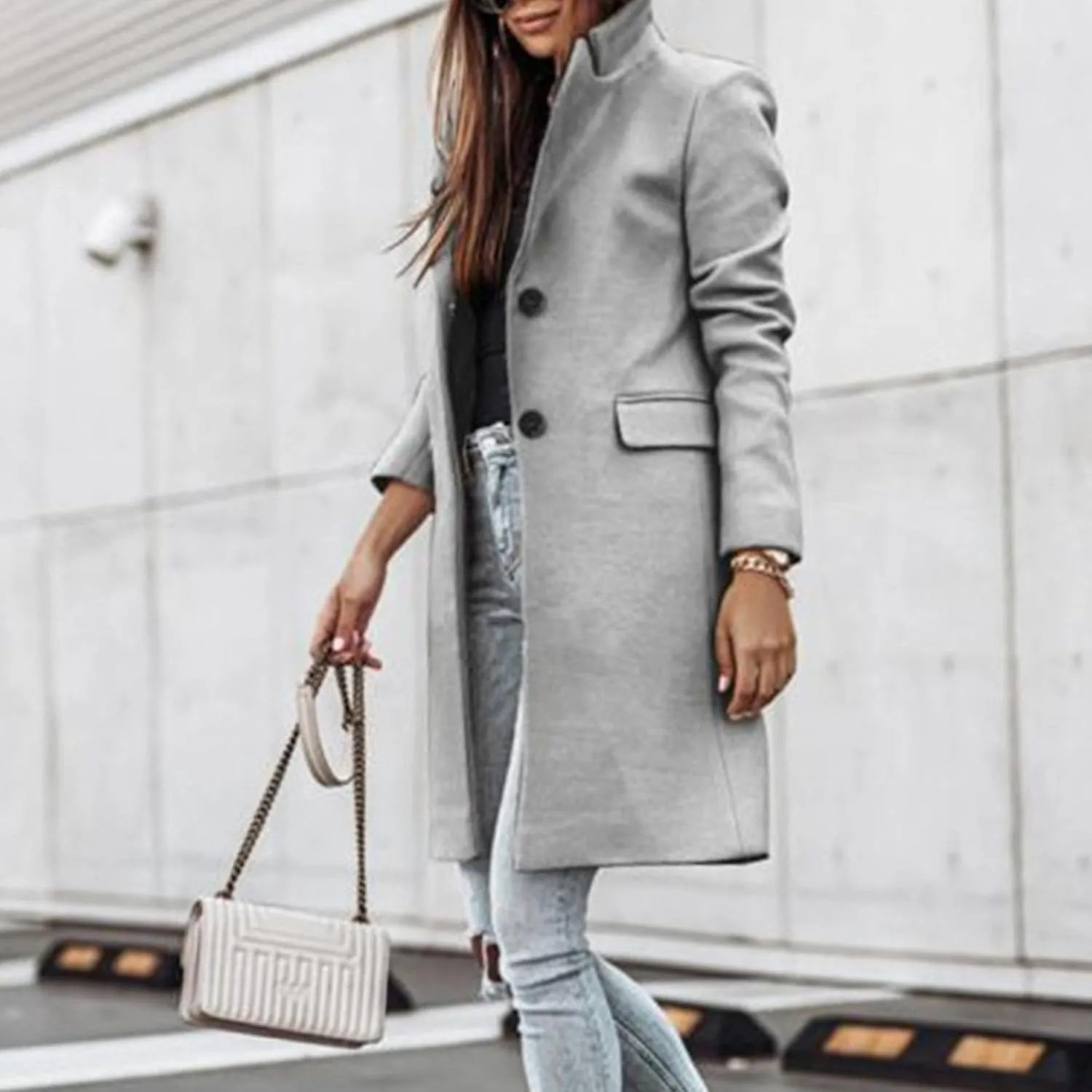 Maiyifu-GJ Women's Elegant Notch Lapel Wool Blend Trench Coats Winter Mid Long Single Breasted Coat Overcoat Outerwear