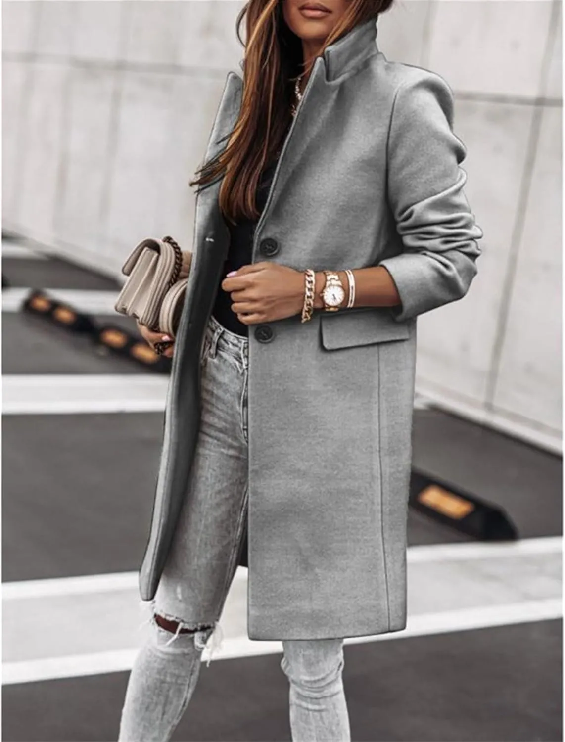 Maiyifu-GJ Women's Elegant Notch Lapel Wool Blend Trench Coats Winter Mid Long Single Breasted Coat Overcoat Outerwear