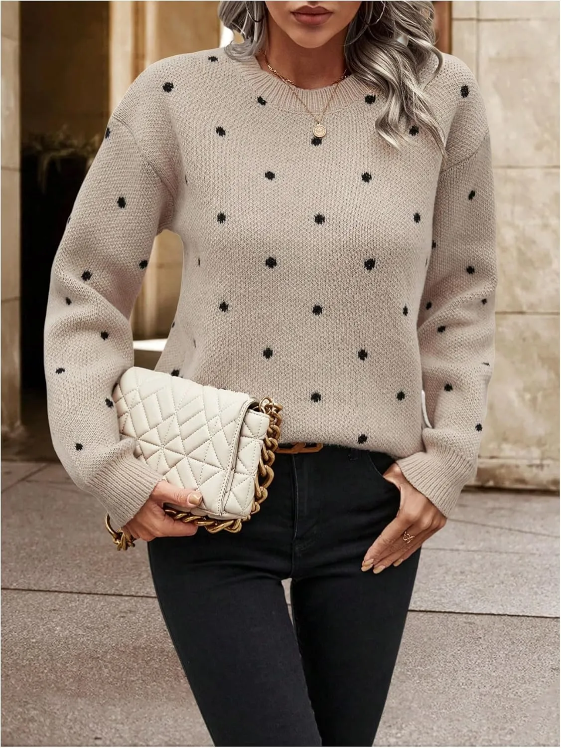 MakeMeChic Women's Polka Dots Sweaters Long Sleeve Round Neck Knitted Pullover Tops