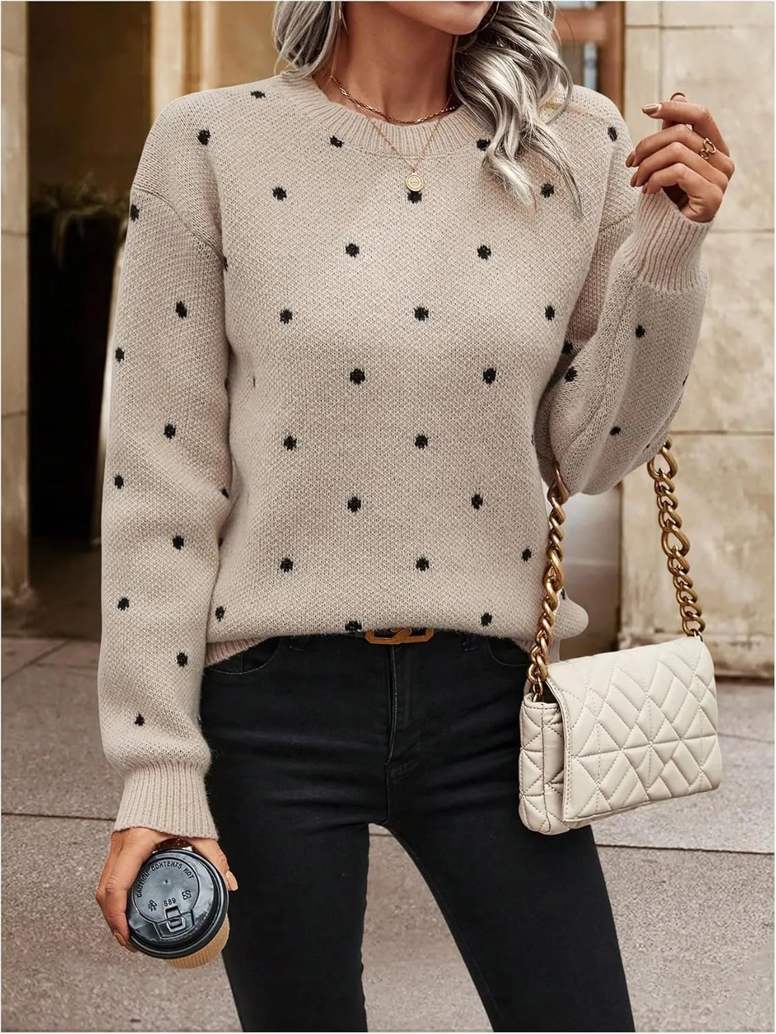 MakeMeChic Women's Polka Dots Sweaters Long Sleeve Round Neck Knitted Pullover Tops