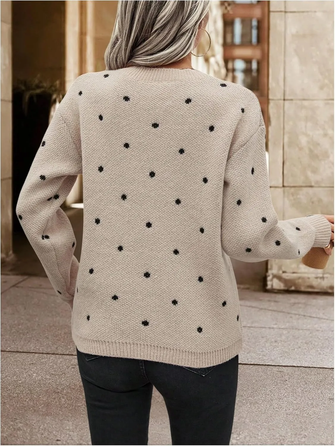 MakeMeChic Women's Polka Dots Sweaters Long Sleeve Round Neck Knitted Pullover Tops