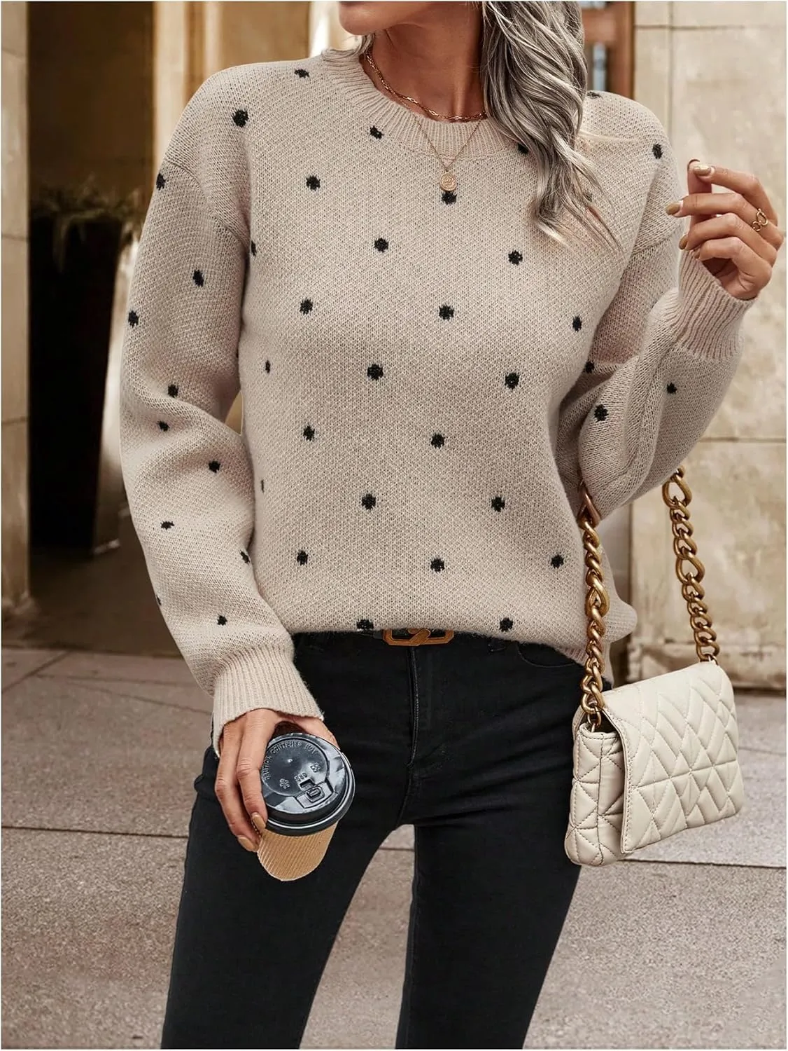 MakeMeChic Women's Polka Dots Sweaters Long Sleeve Round Neck Knitted Pullover Tops