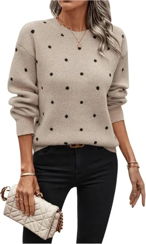 MakeMeChic Women's Polka Dots Sweaters Long Sleeve Round Neck Knitted Pullover Tops
