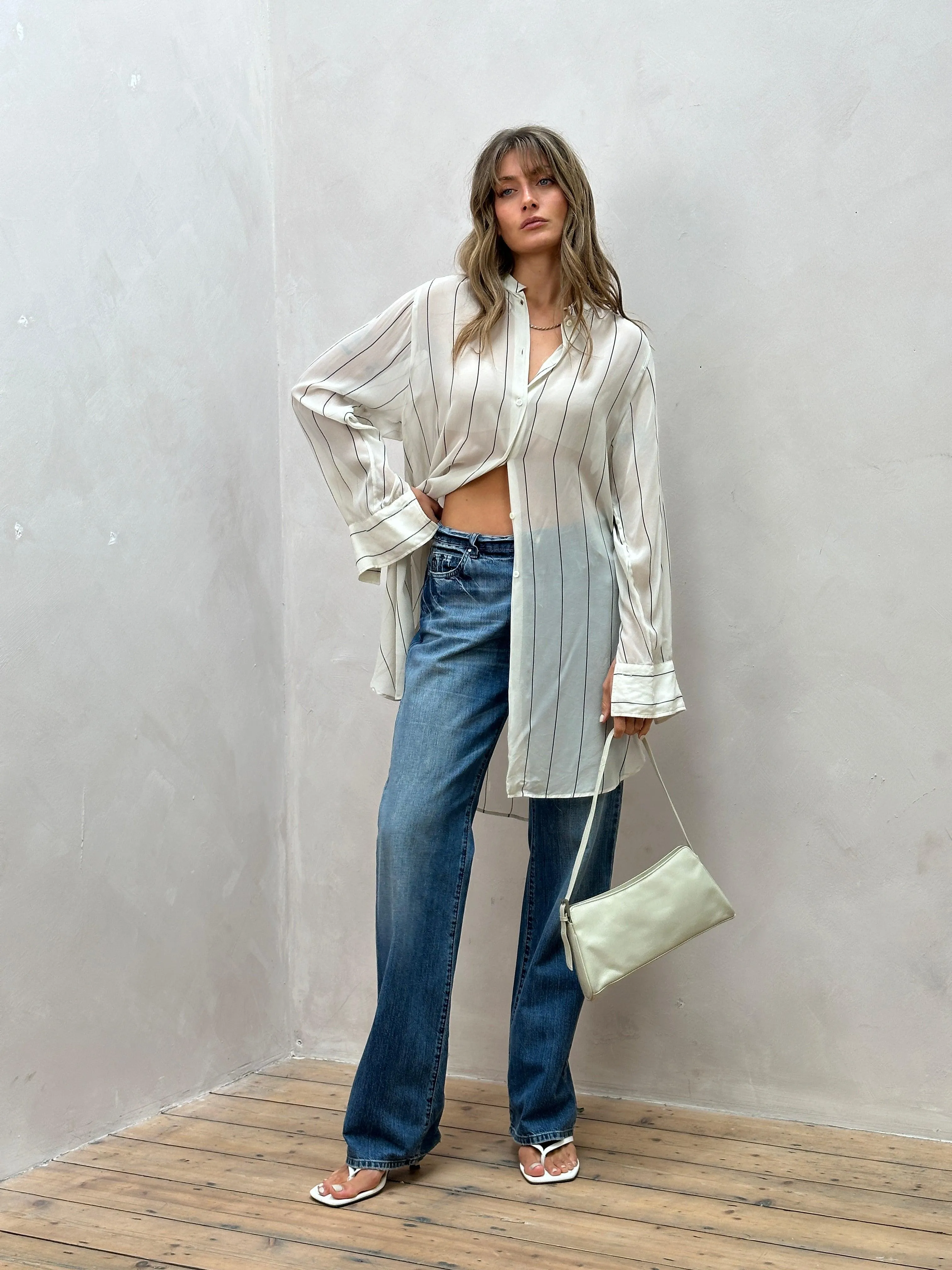 Max Mara Pinstripe Pure Silk Sheer Shirt - L/XL
