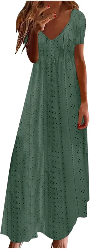 Maxi Long Dresses for Women 2025 Trendy Sleeveless Eyelet Cami Dress Casual Summer Beach Swing Vacation Sundress