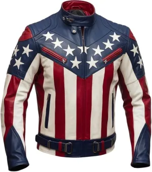 Mens American Flag Leather Biker Jacket  Genuine Leather USA Motorcycle Rider Coat with Bold Stars & Stripes Design