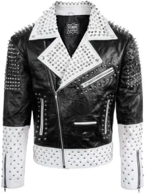 Men's Brando Punk Rock Spiked Moto Biker Studded Leather Jacket - Multicolor Trending Rockstar Motorcycle Studded Jacket