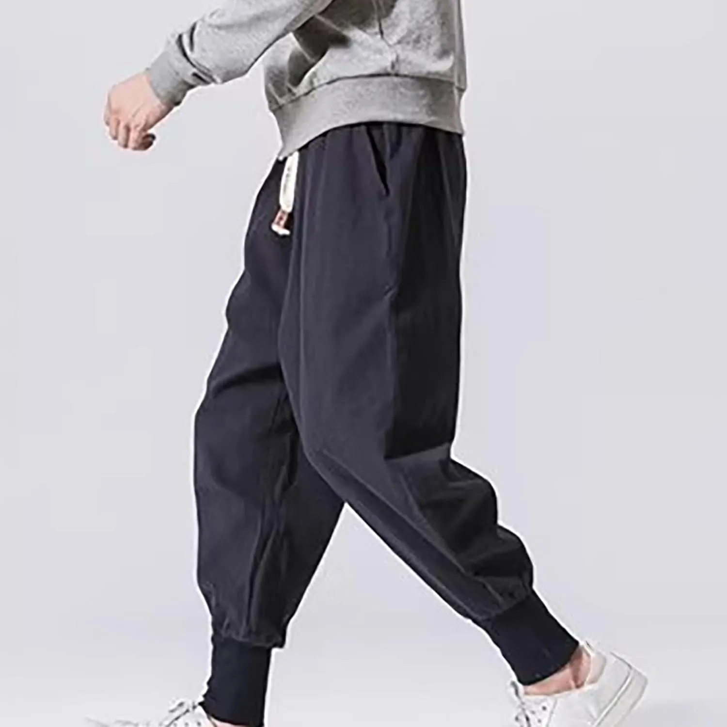 Mens Cotton Linen Harem Pants Drop Crotch Wide Leg Pants Drawstring Waist Baggy Sweatpants Casual Hippie Trousers