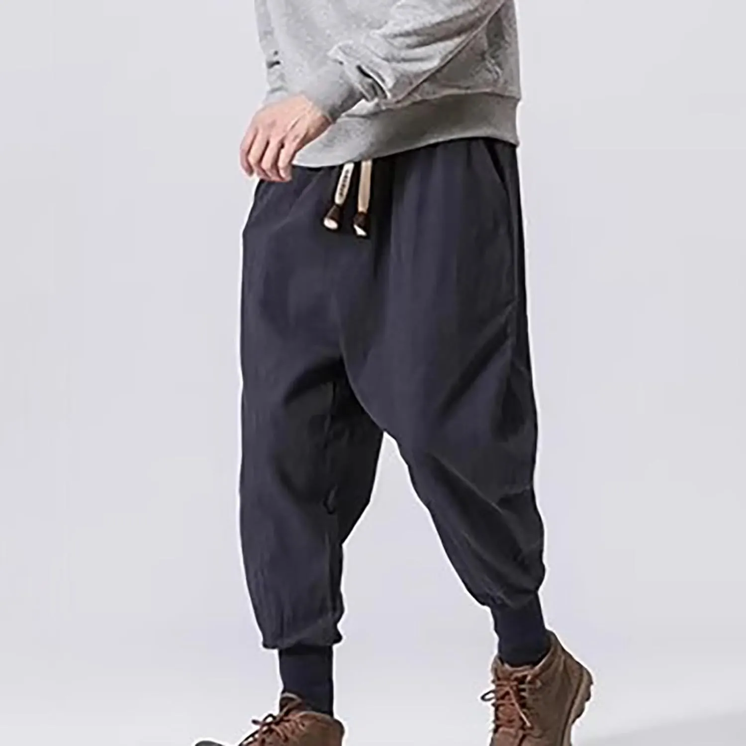 Mens Cotton Linen Harem Pants Drop Crotch Wide Leg Pants Drawstring Waist Baggy Sweatpants Casual Hippie Trousers