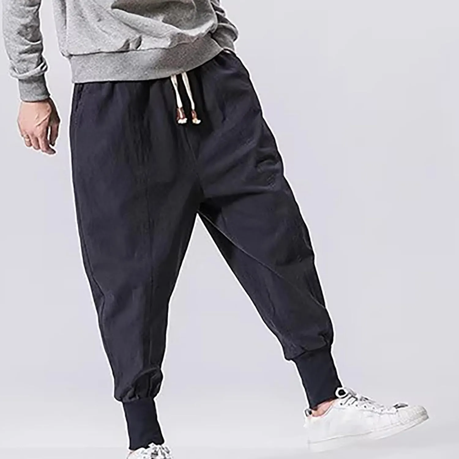 Mens Cotton Linen Harem Pants Drop Crotch Wide Leg Pants Drawstring Waist Baggy Sweatpants Casual Hippie Trousers