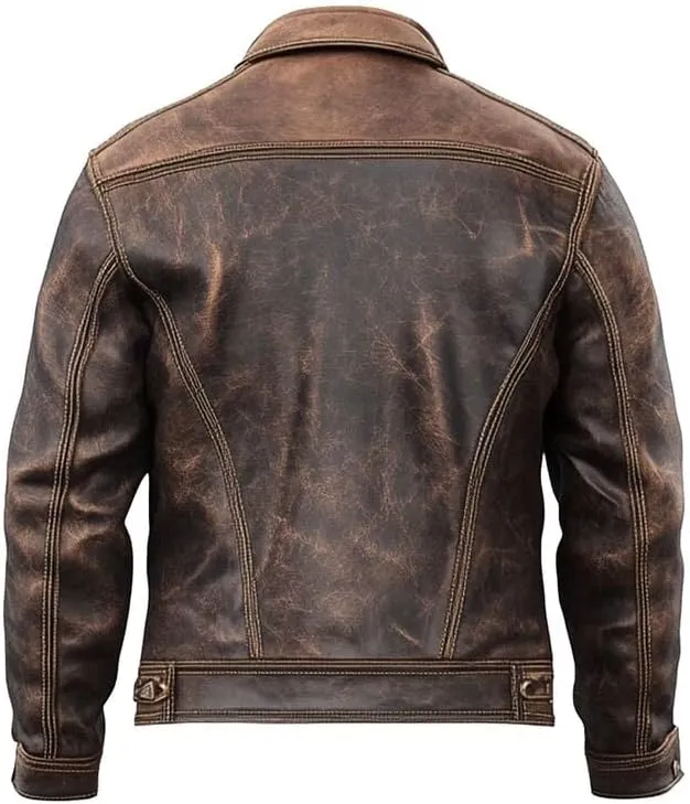Mens Premium Leather Trucker Jacket - Vintage Classic Trucker Leather Jacket - Real Casual Leather Jackets for Men