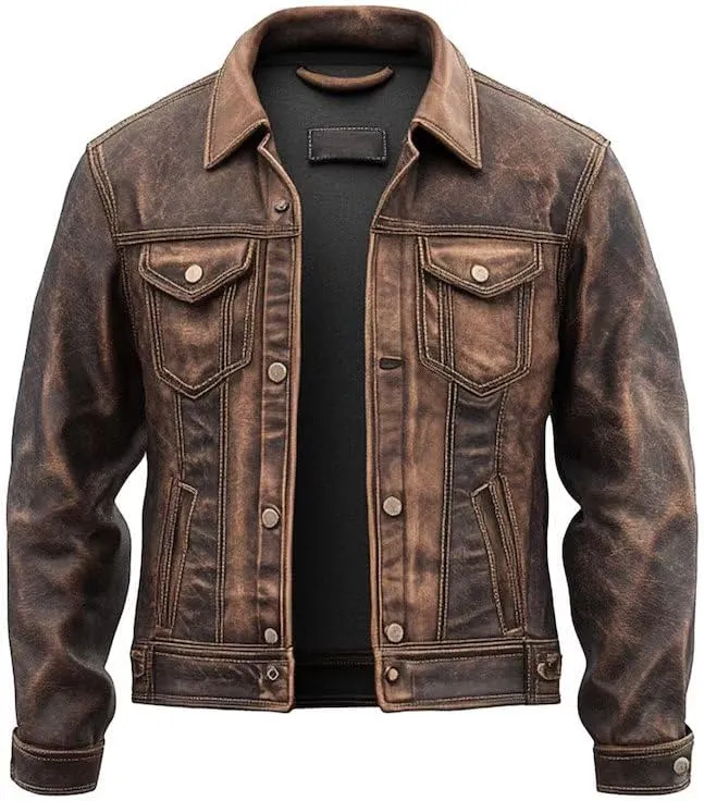Mens Premium Leather Trucker Jacket - Vintage Classic Trucker Leather Jacket - Real Casual Leather Jackets for Men