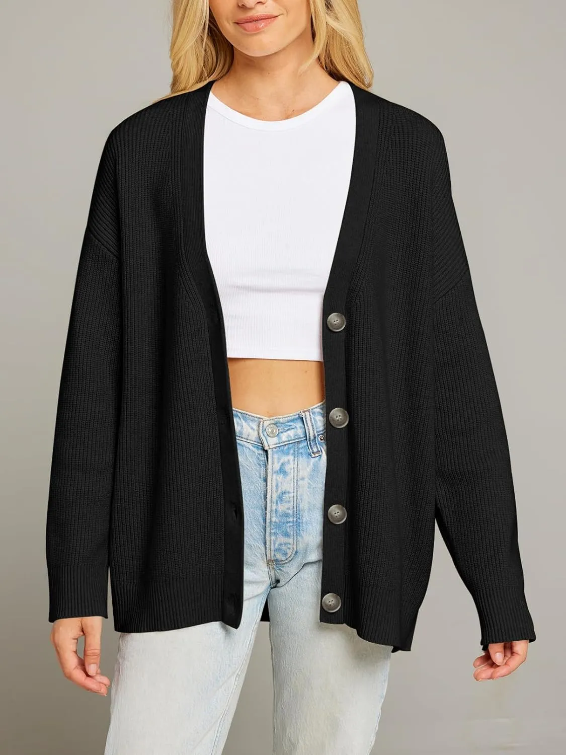 MEROKEETY Women's Cardigan Sweaters 2024 Fall Open Front Oversized Button V Neck Loose Soft Knit Outwear