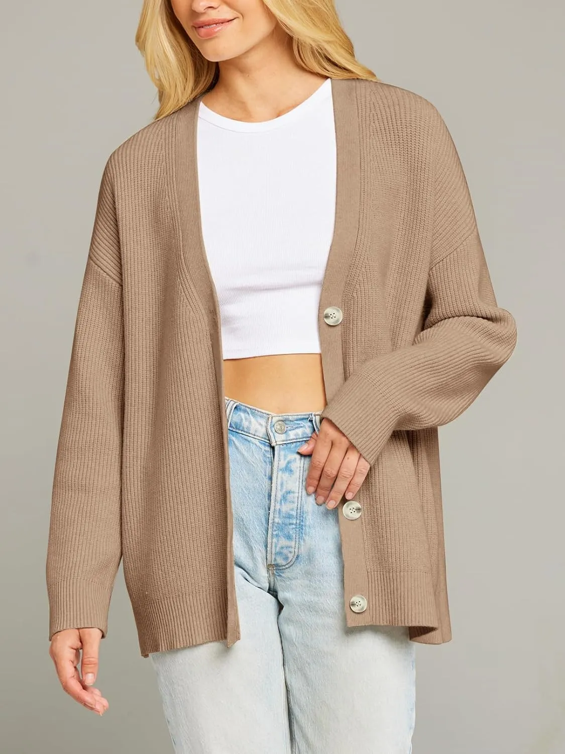 MEROKEETY Women's Cardigan Sweaters 2024 Fall Open Front Oversized Button V Neck Loose Soft Knit Outwear