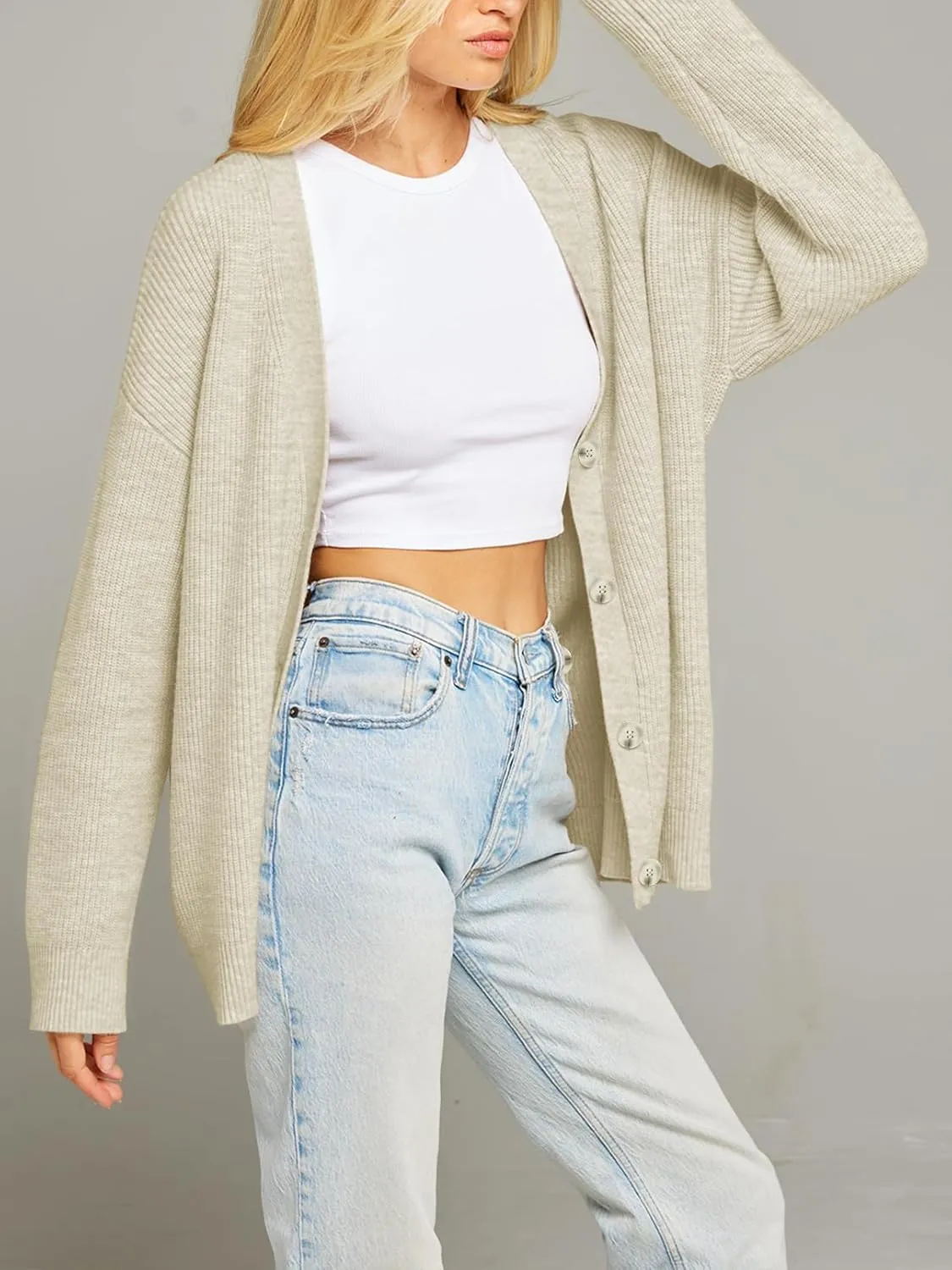 MEROKEETY Women's Cardigan Sweaters 2024 Fall Open Front Oversized Button V Neck Loose Soft Knit Outwear