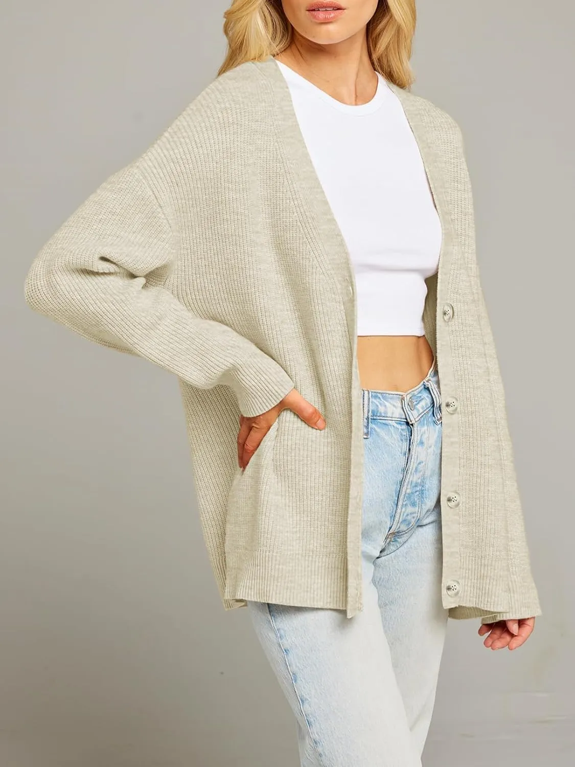 MEROKEETY Women's Cardigan Sweaters 2024 Fall Open Front Oversized Button V Neck Loose Soft Knit Outwear