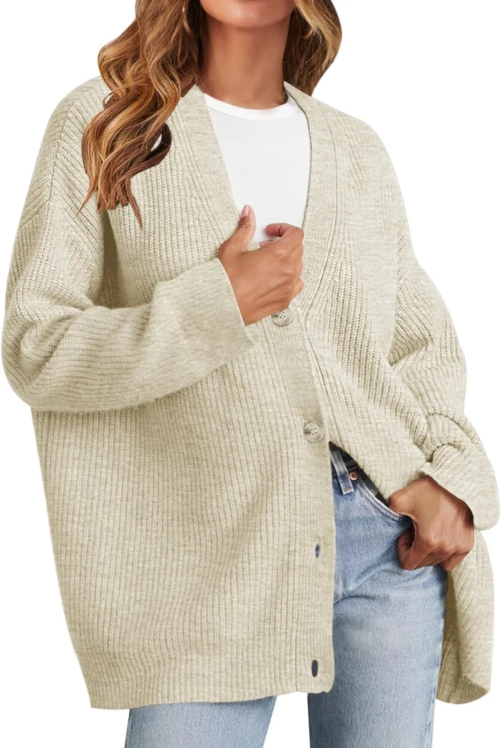 MEROKEETY Women's Cardigan Sweaters 2024 Fall Open Front Oversized Button V Neck Loose Soft Knit Outwear