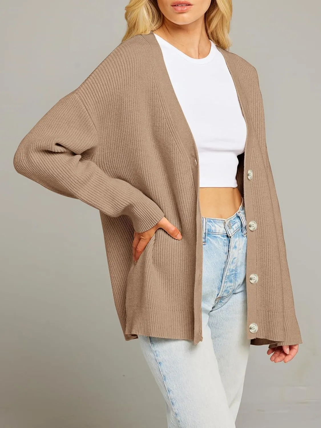 MEROKEETY Women's Cardigan Sweaters 2024 Fall Open Front Oversized Button V Neck Loose Soft Knit Outwear