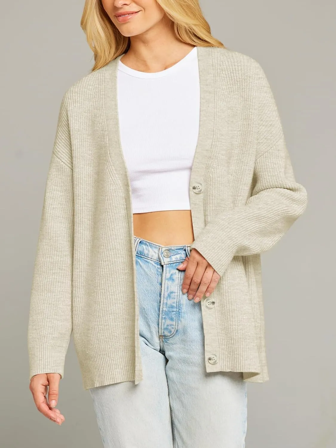 MEROKEETY Women's Cardigan Sweaters 2024 Fall Open Front Oversized Button V Neck Loose Soft Knit Outwear