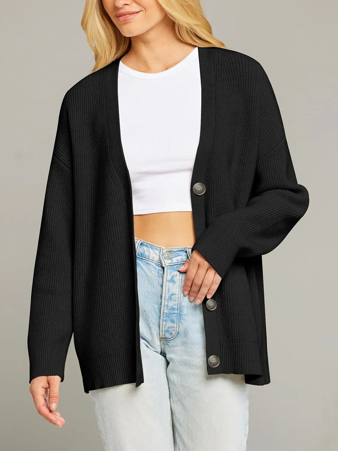 MEROKEETY Women's Cardigan Sweaters 2024 Fall Open Front Oversized Button V Neck Loose Soft Knit Outwear