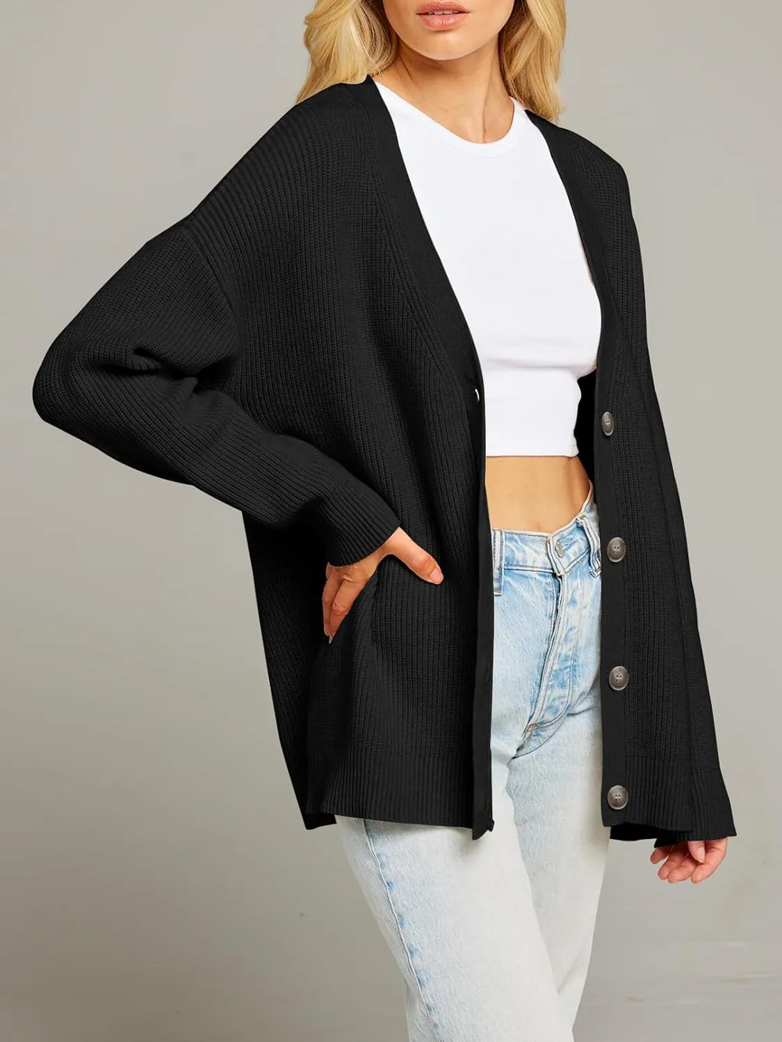 MEROKEETY Women's Cardigan Sweaters 2024 Fall Open Front Oversized Button V Neck Loose Soft Knit Outwear
