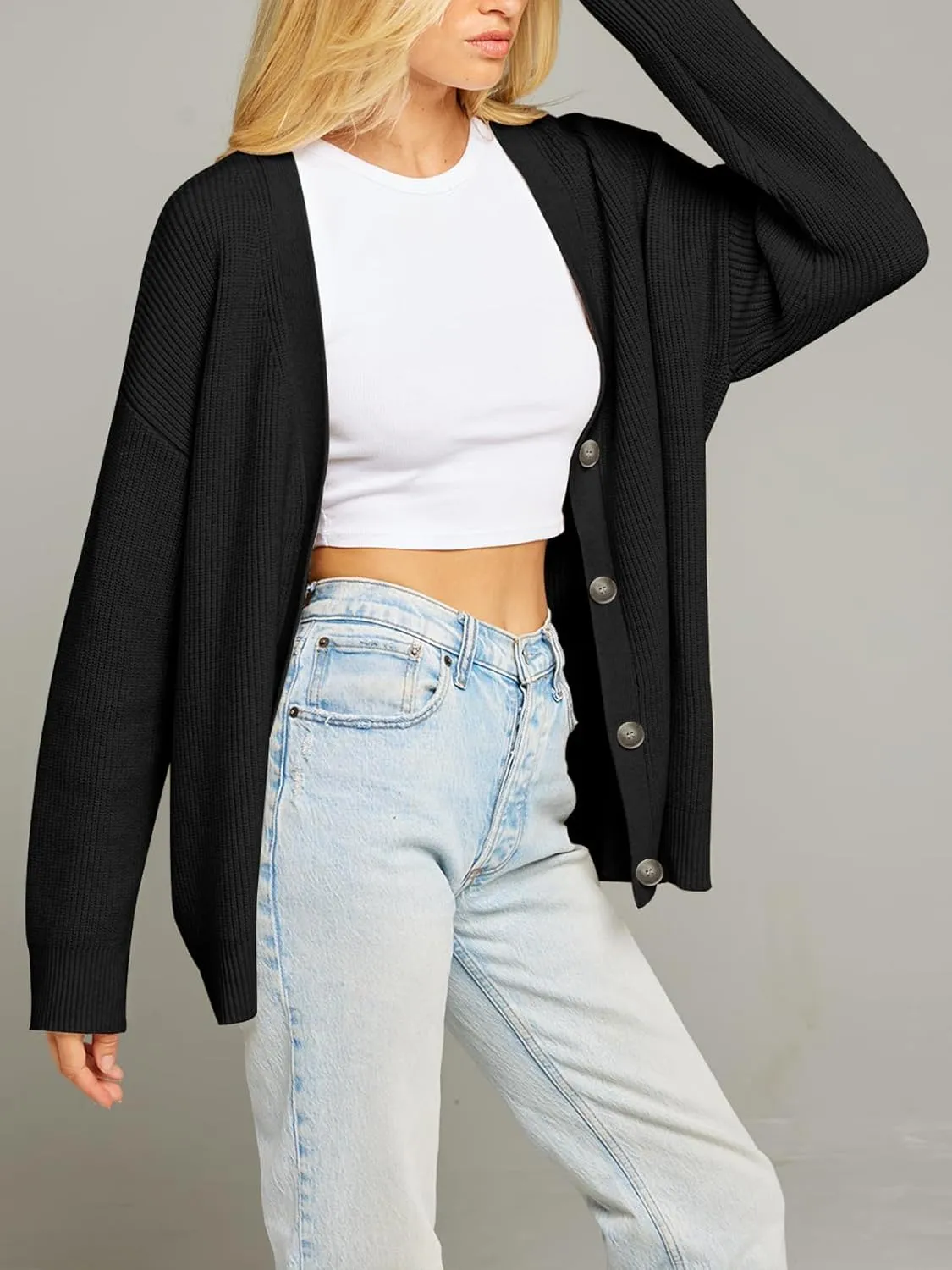 MEROKEETY Women's Cardigan Sweaters 2024 Fall Open Front Oversized Button V Neck Loose Soft Knit Outwear