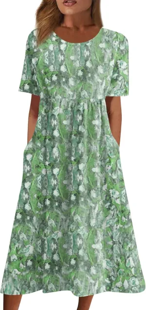 Midi Dresses for Women,Casual Plus Size Elegant Vintage Floral Smocked Flowy Dress Trendy Short Sleeve Summer Dress