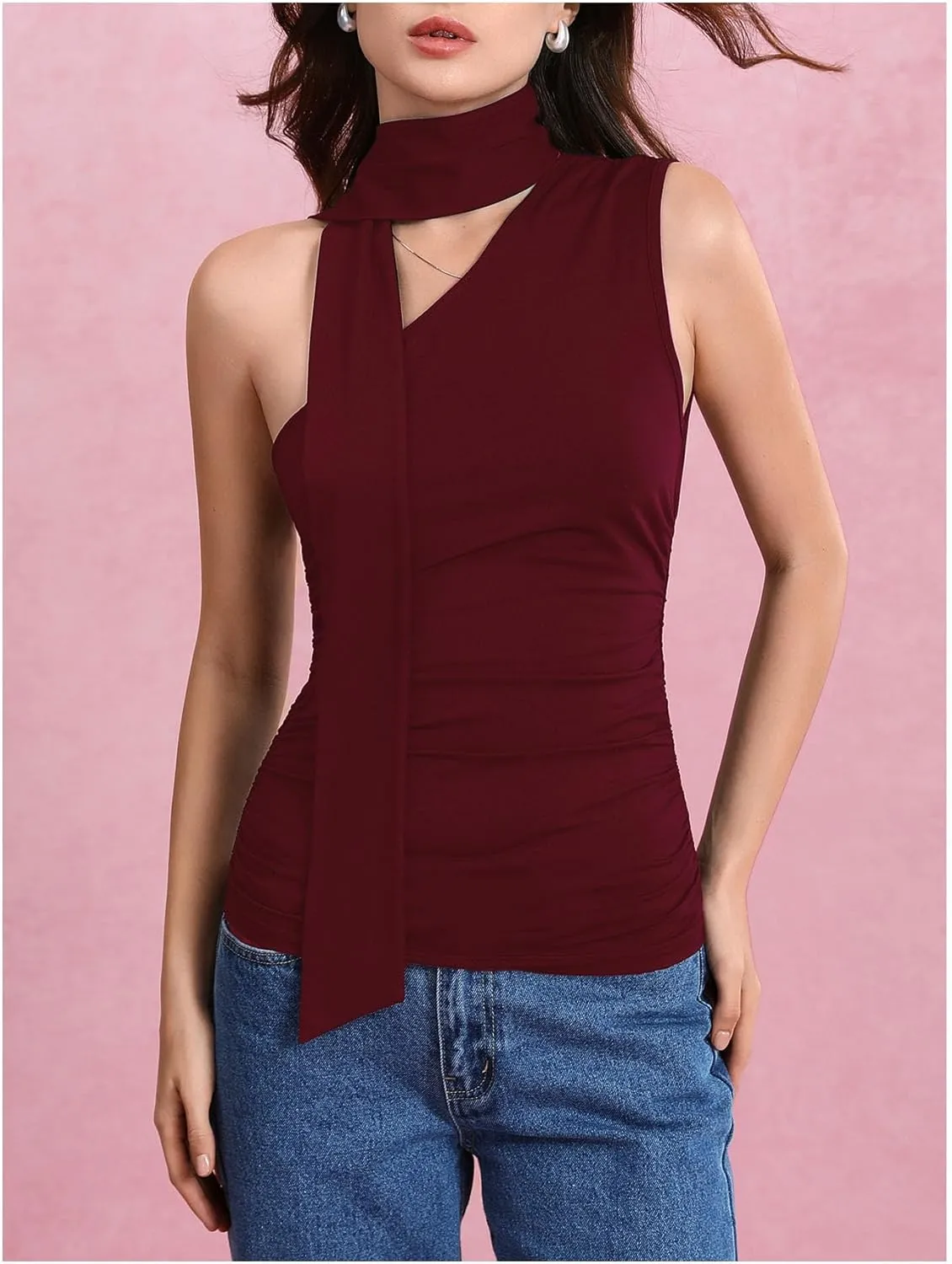 Milumia Women Y2K Going Out Club Rave Halter Scarf Top Shirt Ruched Sleeveless Off One Shouler Tank Top
