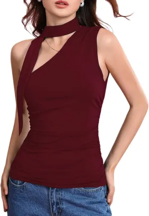 Milumia Women Y2K Going Out Club Rave Halter Scarf Top Shirt Ruched Sleeveless Off One Shouler Tank Top