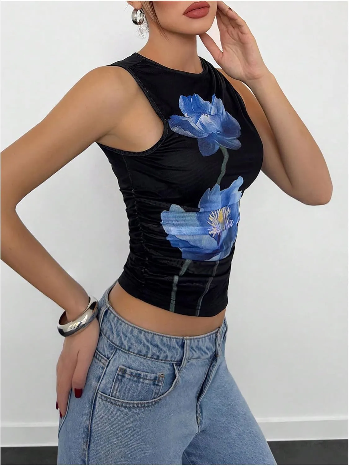 Milumia Women's Flower Print Mesh Top Sleeveless Mock Neck Ruched Tank Tops