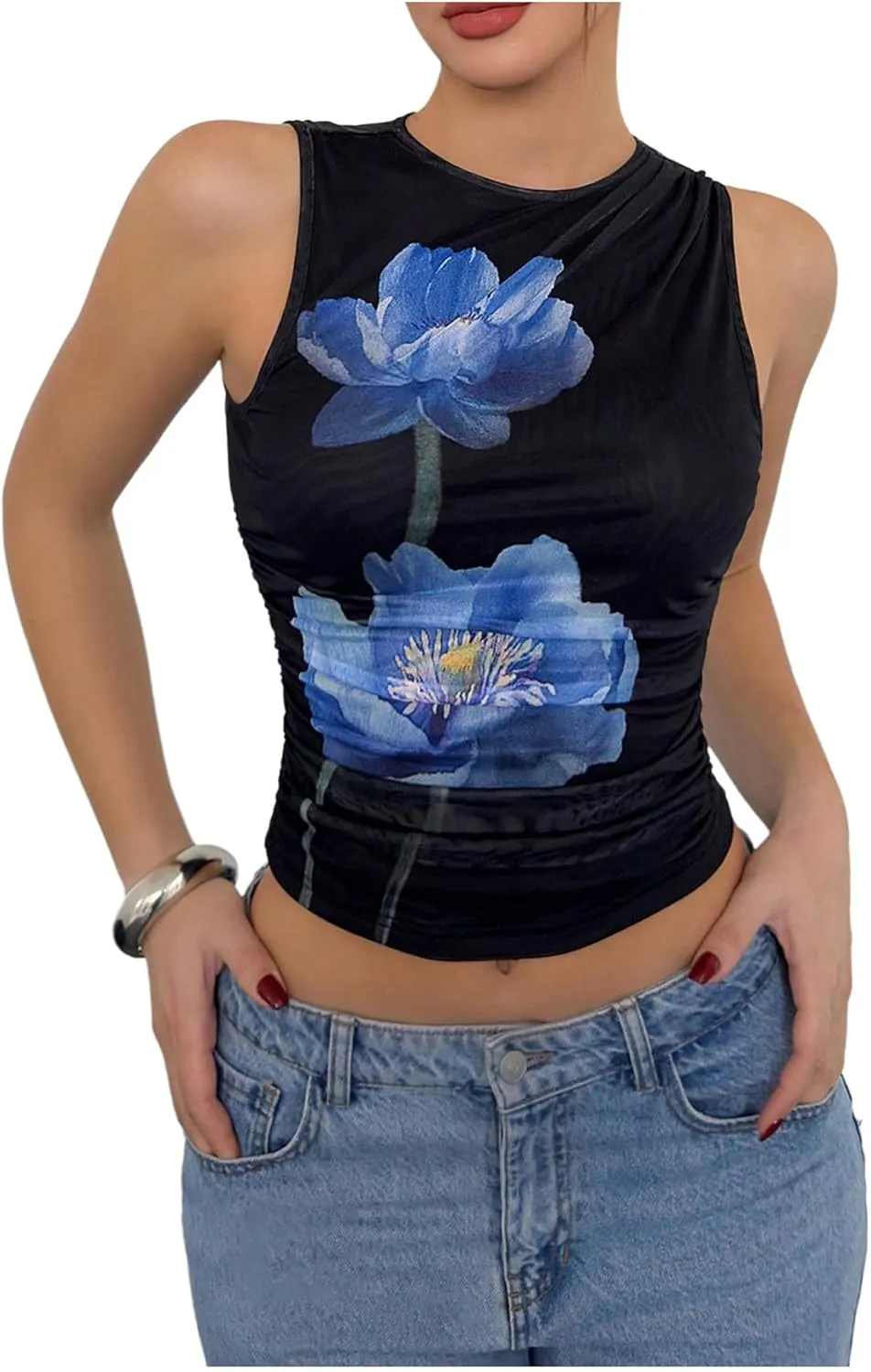 Milumia Women's Flower Print Mesh Top Sleeveless Mock Neck Ruched Tank Tops