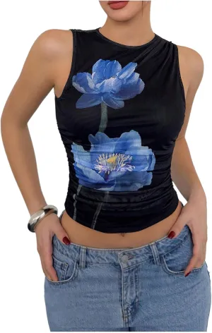 Milumia Women's Flower Print Mesh Top Sleeveless Mock Neck Ruched Tank Tops