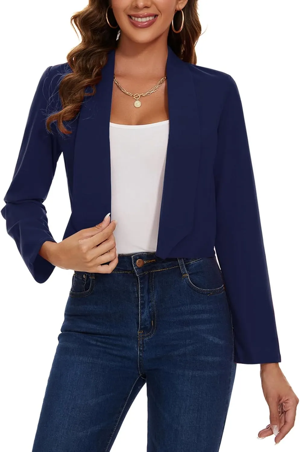 MINTLIMIT Womens Cropped Blazer Open Front Long Sleeve Shawl Lapel Casual Work Office Suit Blazer Jacket Tailored Outfit