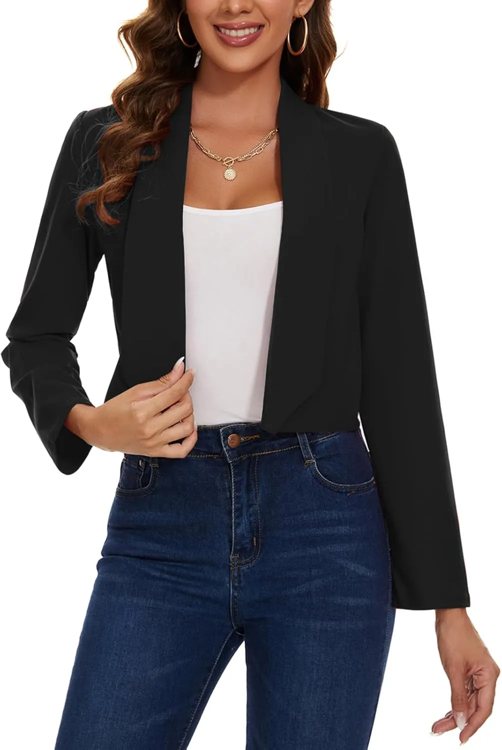 MINTLIMIT Womens Cropped Blazer Open Front Long Sleeve Shawl Lapel Casual Work Office Suit Blazer Jacket Tailored Outfit