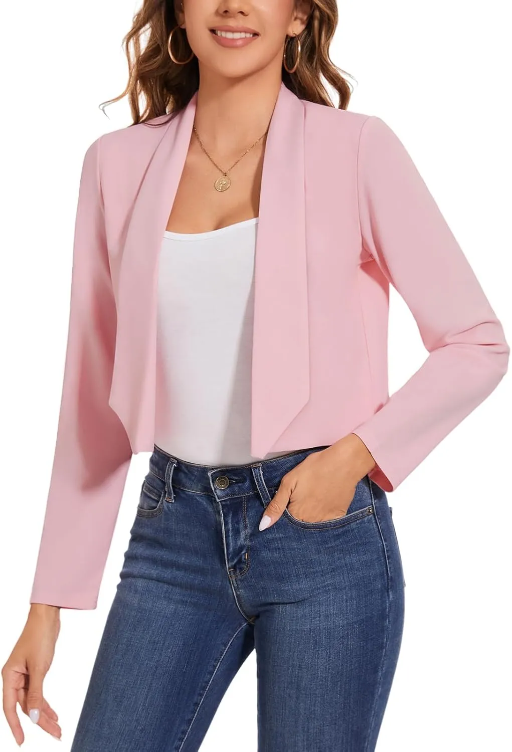 MINTLIMIT Womens Cropped Blazer Open Front Long Sleeve Shawl Lapel Casual Work Office Suit Blazer Jacket Tailored Outfit
