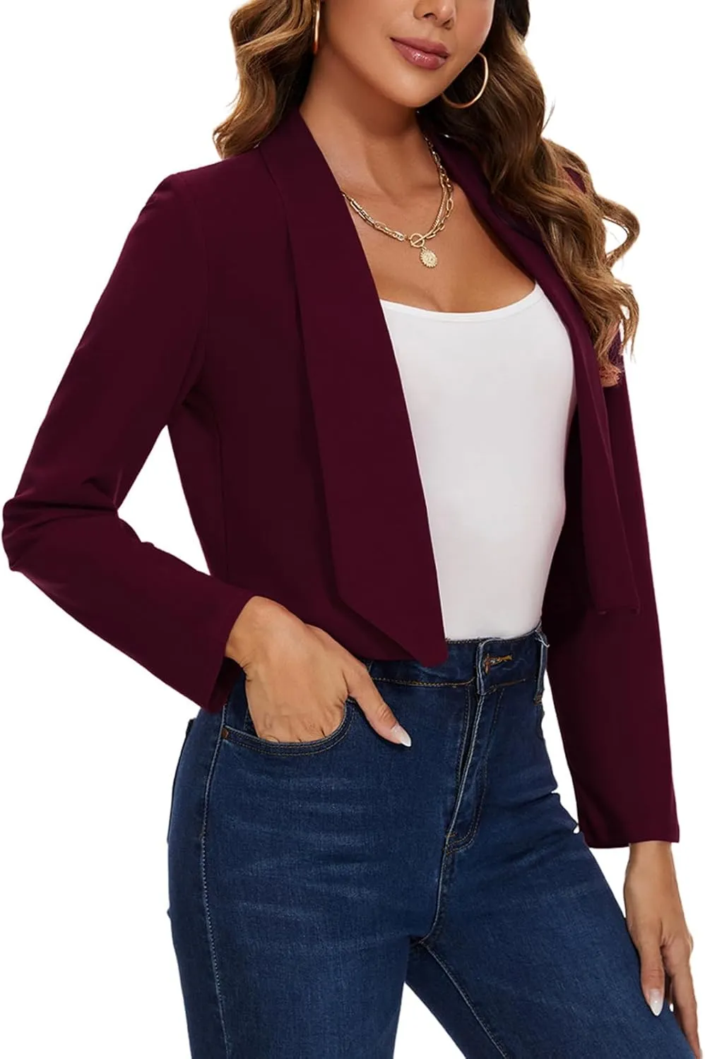 MINTLIMIT Womens Cropped Blazer Open Front Long Sleeve Shawl Lapel Casual Work Office Suit Blazer Jacket Tailored Outfit