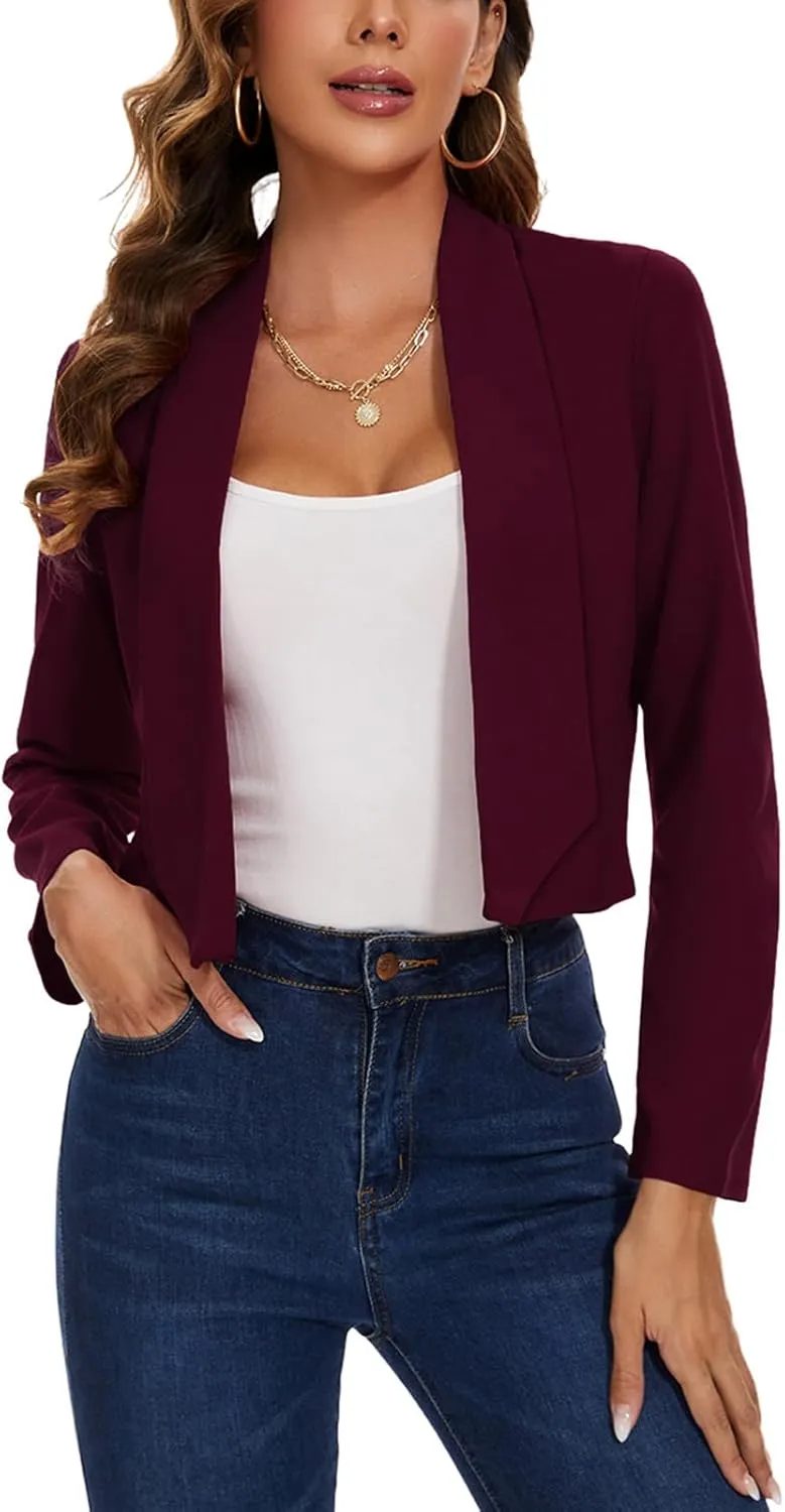 MINTLIMIT Womens Cropped Blazer Open Front Long Sleeve Shawl Lapel Casual Work Office Suit Blazer Jacket Tailored Outfit