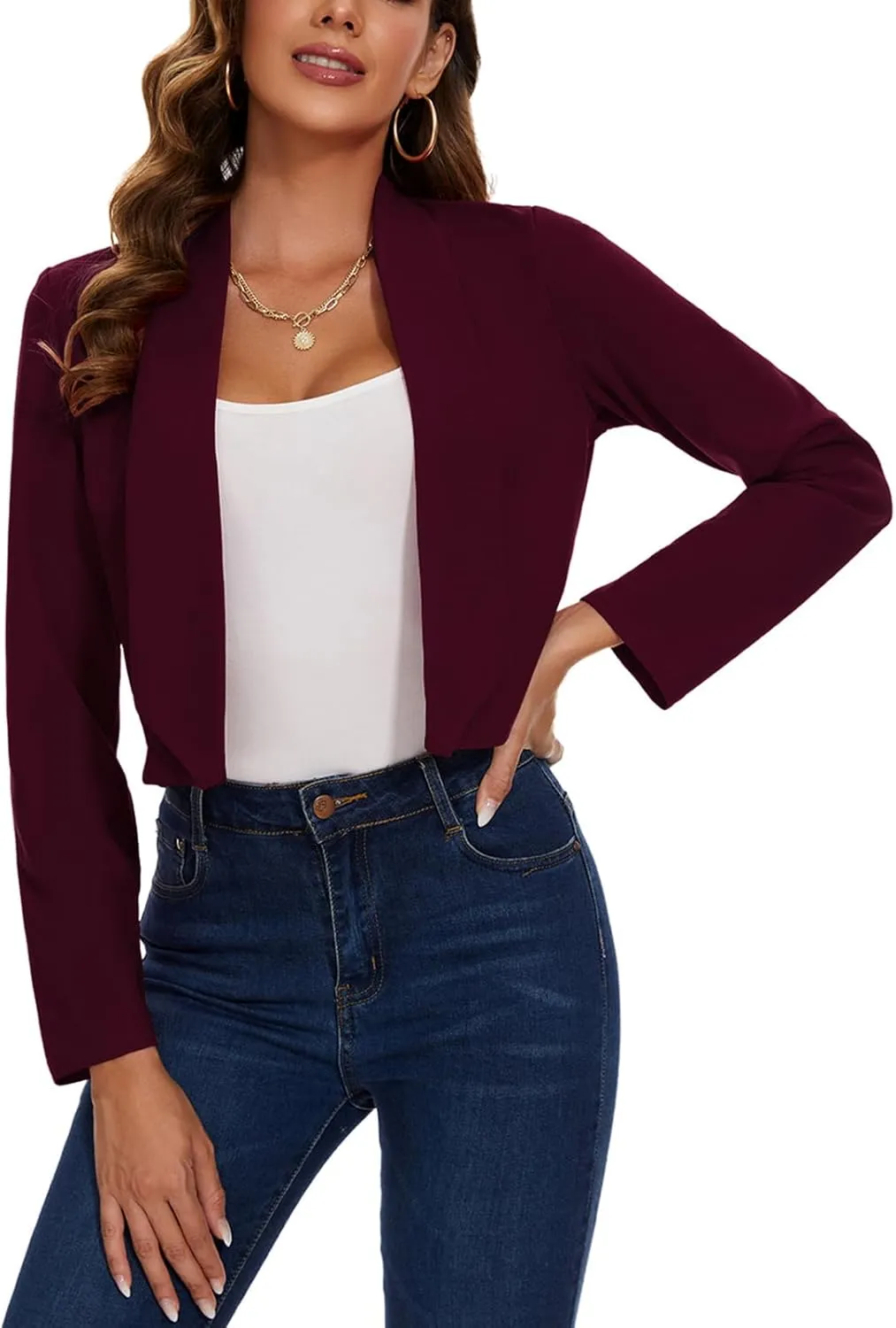 MINTLIMIT Womens Cropped Blazer Open Front Long Sleeve Shawl Lapel Casual Work Office Suit Blazer Jacket Tailored Outfit