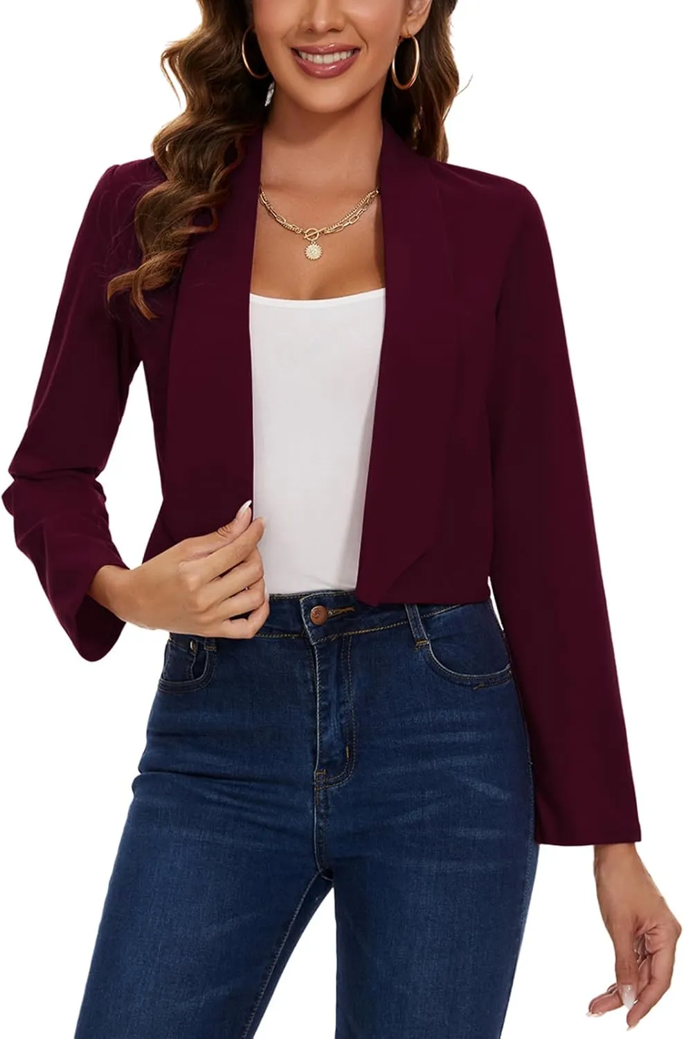 MINTLIMIT Womens Cropped Blazer Open Front Long Sleeve Shawl Lapel Casual Work Office Suit Blazer Jacket Tailored Outfit