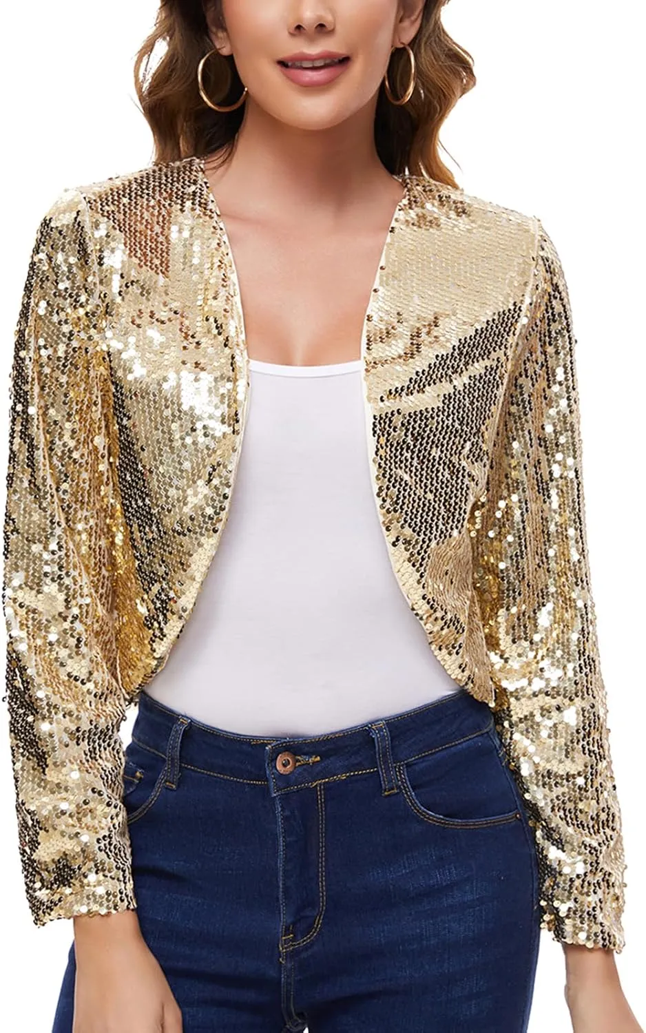 MINTLIMIT Women's Sequin Shrug Bolero Long Sleeve Open Front Party Sparkly Cropped Cardigan Glitter Shiny Jackets