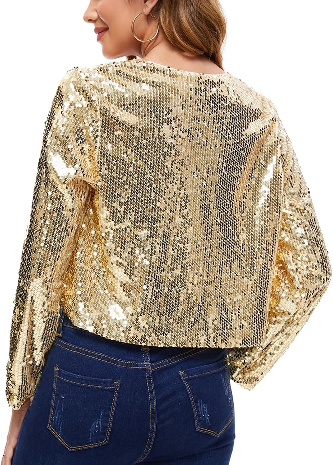 MINTLIMIT Women's Sequin Shrug Bolero Long Sleeve Open Front Party Sparkly Cropped Cardigan Glitter Shiny Jackets