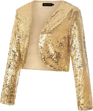 MINTLIMIT Women's Sequin Shrug Bolero Long Sleeve Open Front Party Sparkly Cropped Cardigan Glitter Shiny Jackets