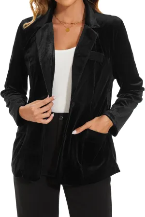 MINTLIMIT Womens Velvet Jacket Suit Long Sleeve Notched Lapel Button Pockets Suit Jacket Solid Stretchy Fully Lined Blazer, M, Black