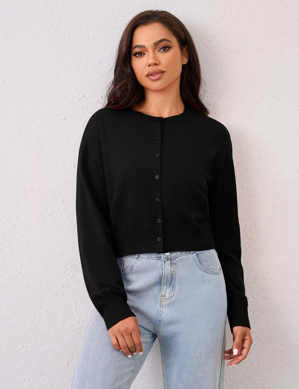 MISSACTIVER Women's Button Down Cropped Cardigan Sweater Solid Open Front Long Sleeve Crewneck Knitted Fall Cardigans Jacket