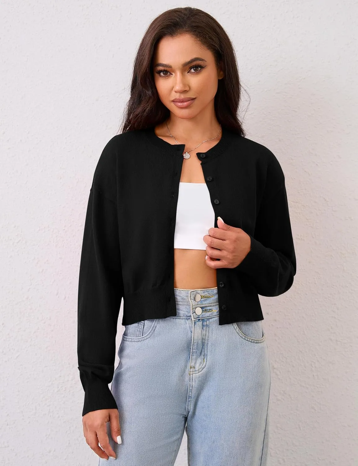 MISSACTIVER Women's Button Down Cropped Cardigan Sweater Solid Open Front Long Sleeve Crewneck Knitted Fall Cardigans Jacket