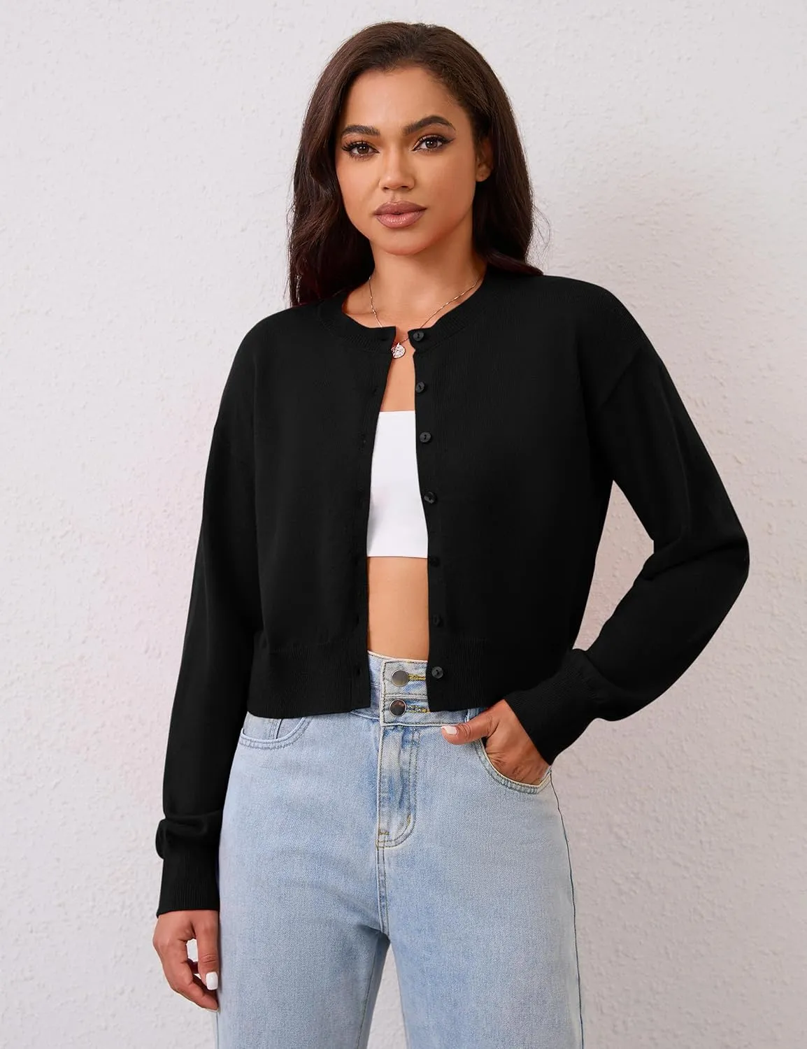 MISSACTIVER Women's Button Down Cropped Cardigan Sweater Solid Open Front Long Sleeve Crewneck Knitted Fall Cardigans Jacket
