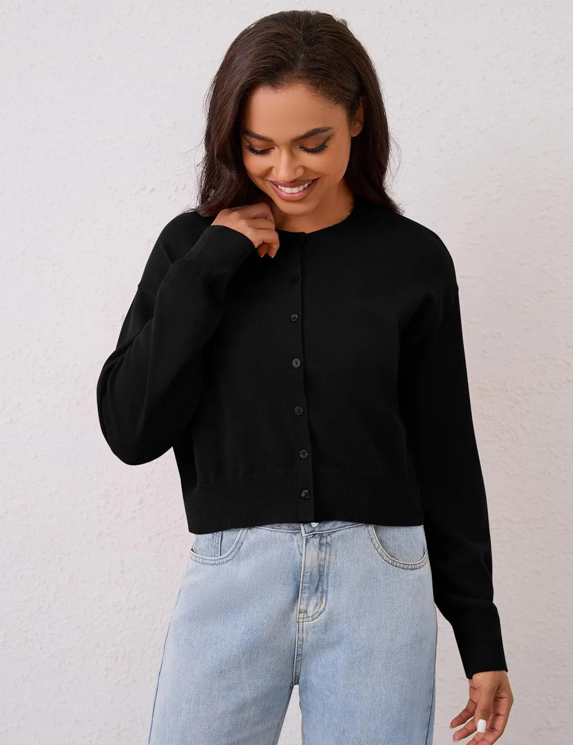 MISSACTIVER Women's Button Down Cropped Cardigan Sweater Solid Open Front Long Sleeve Crewneck Knitted Fall Cardigans Jacket