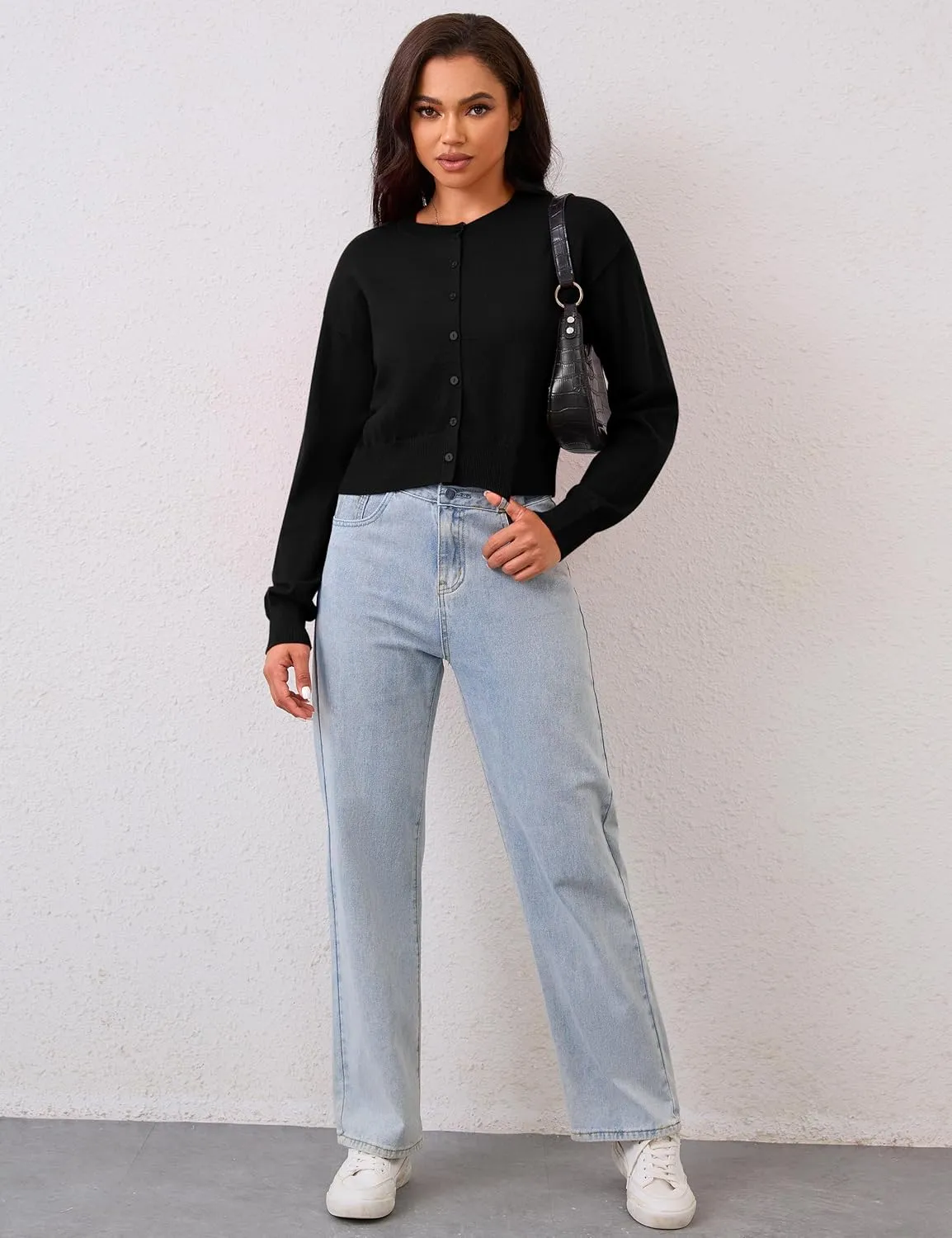 MISSACTIVER Women's Button Down Cropped Cardigan Sweater Solid Open Front Long Sleeve Crewneck Knitted Fall Cardigans Jacket