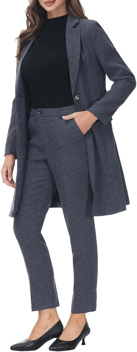 MODFUL Women's 2 Piece Long Blazer with Pants Set Small Plaid Elegant Suit Set for Casual Business Office