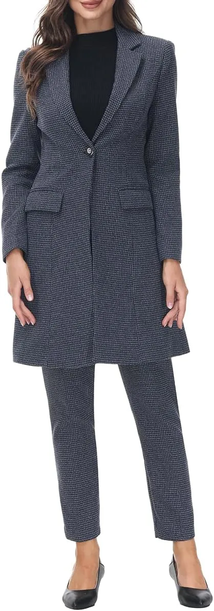 MODFUL Women's 2 Piece Long Blazer with Pants Set Small Plaid Elegant Suit Set for Casual Business Office